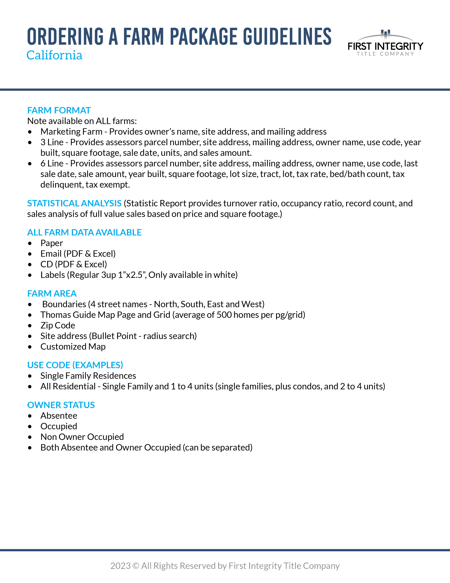 Guideline for ordering a farm in California